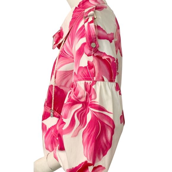 Cache Womens Jacket Pink White Bright Floral Sz. Small Balloon Sleeves Zip Front - Picture 7 of 15
